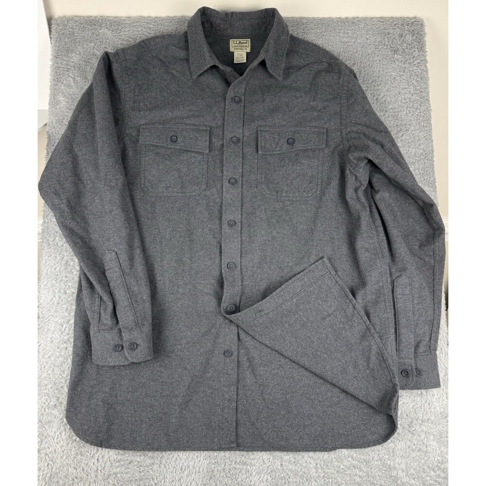 LL Bean Chamois Cloth Shirt Men L Tall Gray Traditional Fit Heavy Flannel Button